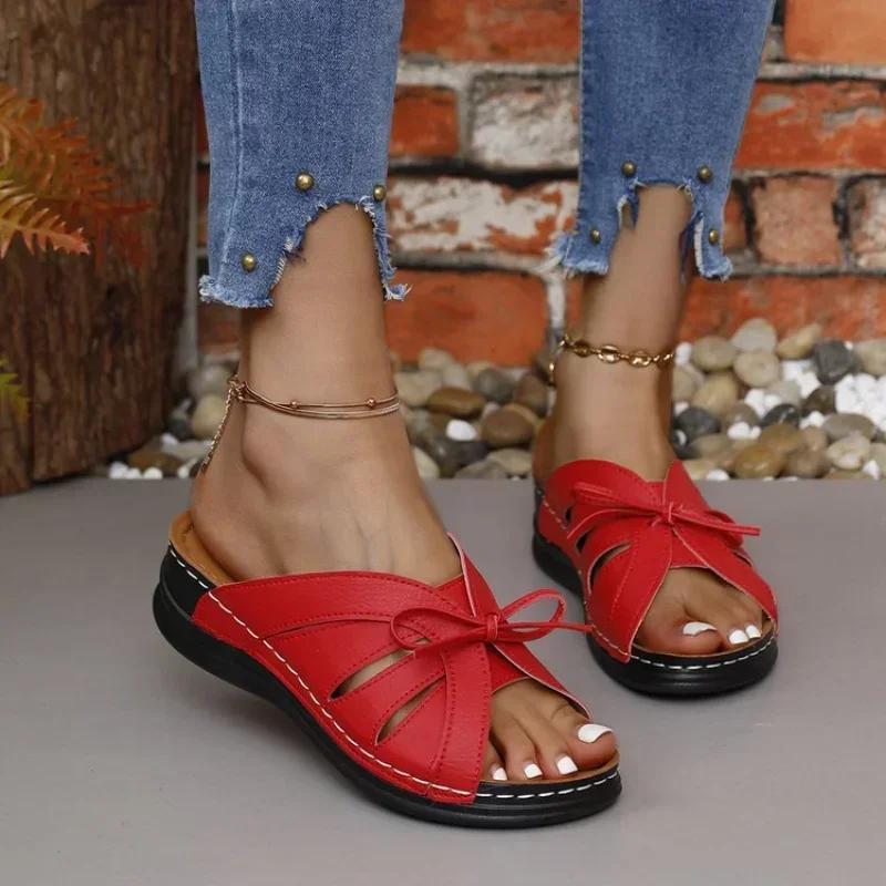 Fashion Women Bow Wedges Slippers Platform High Heels Shoes Summer Beach Flip Flops Female New Fashion Sandals Casual Slides Big Size 43