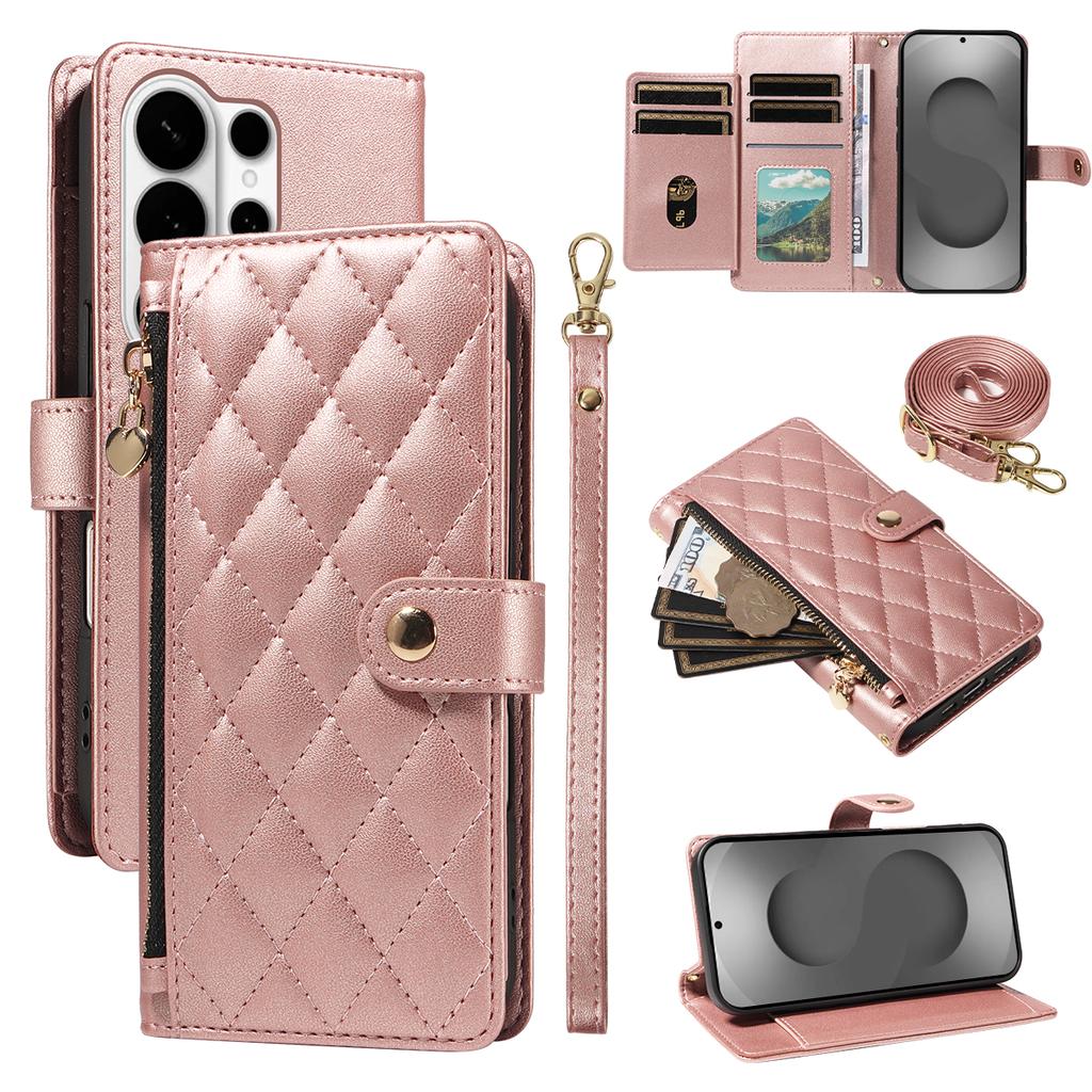 For Samsung Galaxy S26 Ultra Wallet Case with Straps, Rhombus Leather Stand Phone Cover