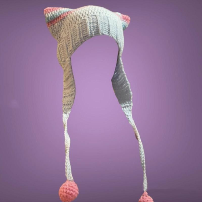 Girl Cartoon Kitten Ear Striped Knit Beanie Hat Y2K Star Party Hat Photo Props Hot Girl Cute Slouchy Knitting Hat