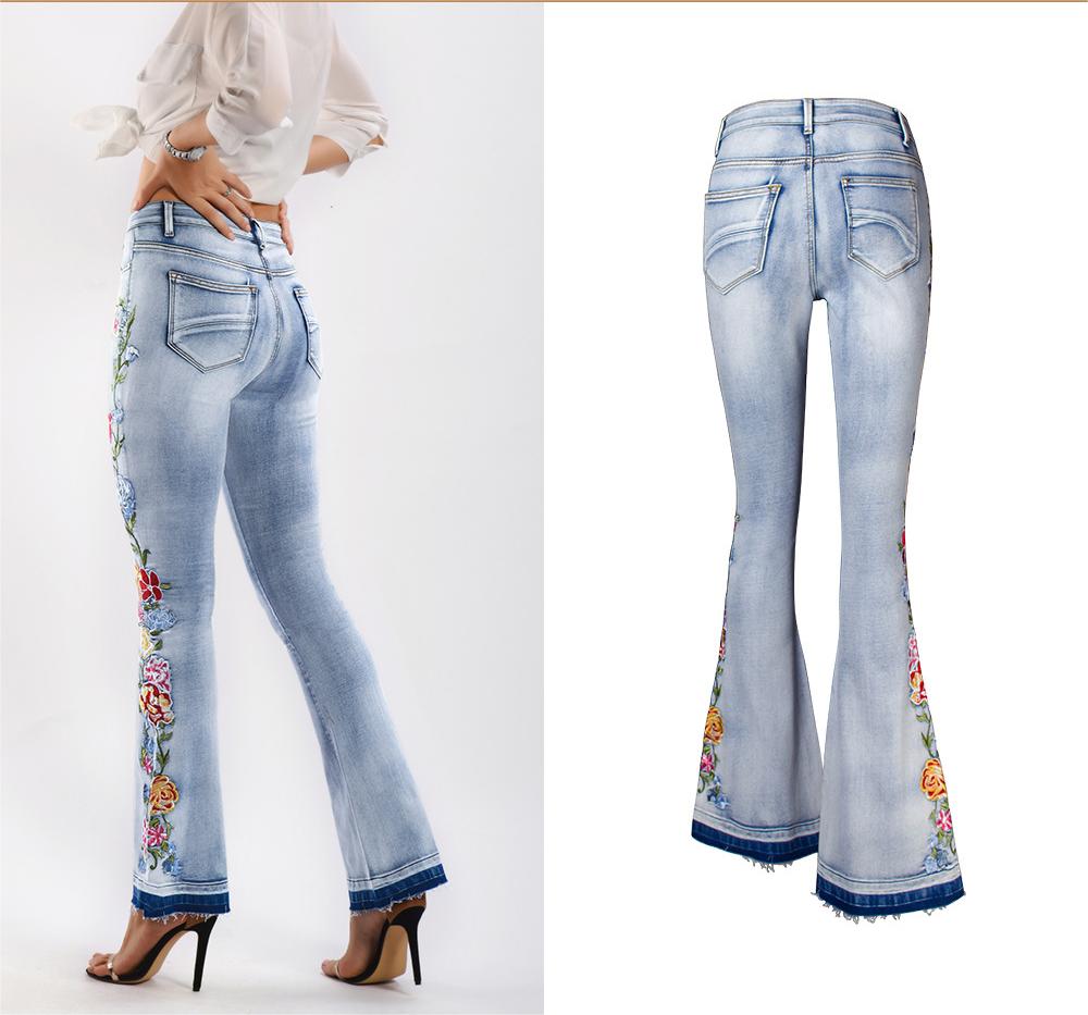 Size S-4XL Elastic Flower Embroidered Flare Jeans