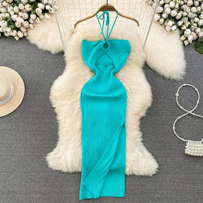 Summer Women's Dress Celebrity Temperament Hanging Neck Hollowed Tight Slim Backless Sleeveless Medium-length Split Package Hip Knit Bottom Dress