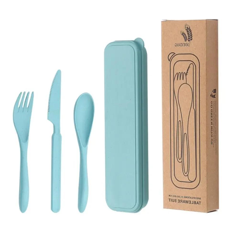 Practical Tableware Reusable Camping Utensil Set Ultralight Wheat Straw Camping Spoon Fork with Case Plastic Travel Utensils