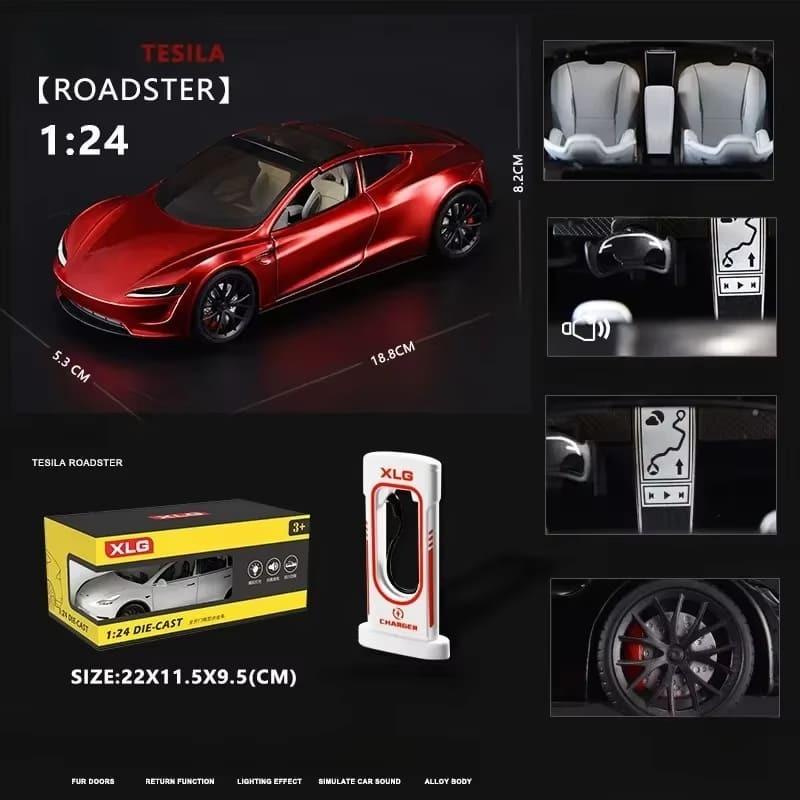 1:24 Alloy Tesla Sports Car Model Die-cast Metal Toy Car Convertible Toy with Charging Pile Boy Gift Collective Home Decoration Collection Ornaments