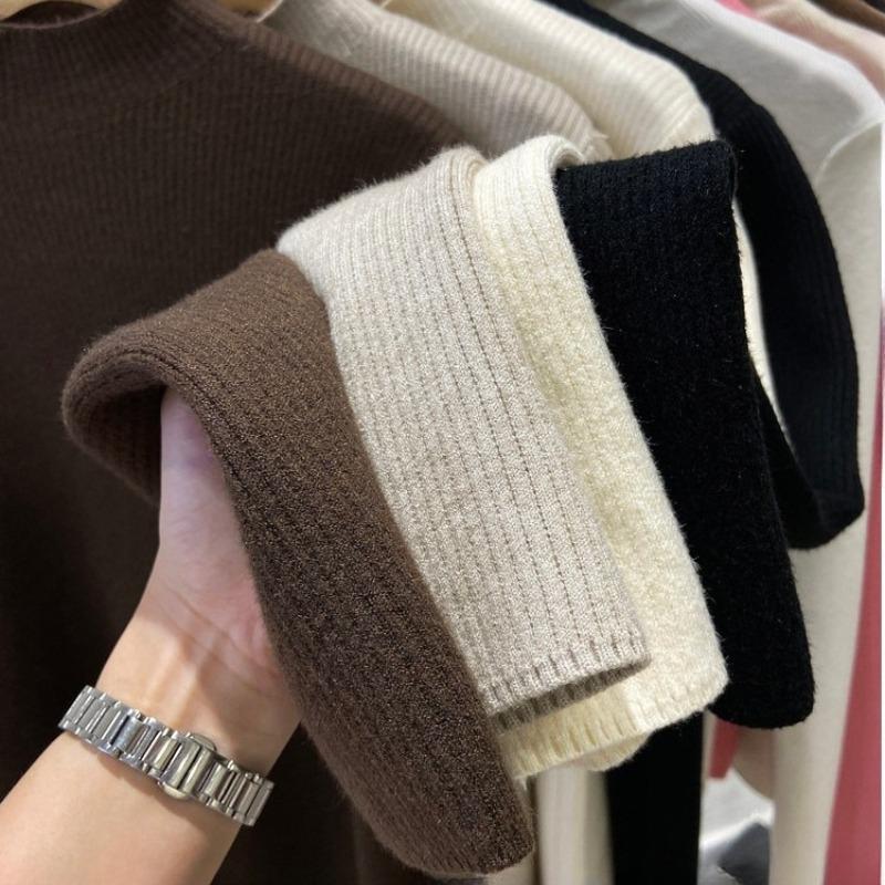 Women's Autumn Winter Half-High Neck Sweater Fleece-Lined Thickened Integrated Fleece Knit Top Warm Inner Wear Base Layer