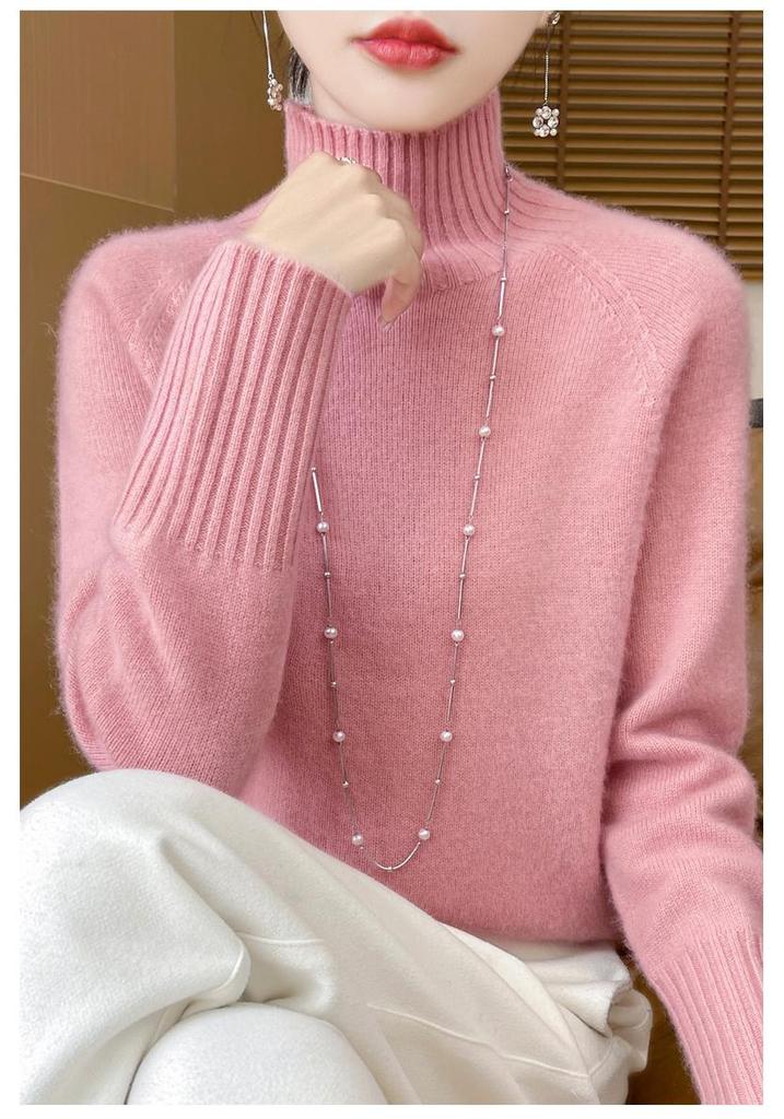 Women's High-Neck Thick Wool Pullover - 100% Pure Wool, Double-Ply for Autumn/Winter Layers