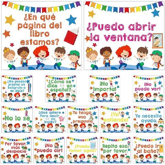 YESMET 16 PCS Spanish Words Phrases Poster Bilingual Educational Materials Spanish Classroom Educational Bulletin Board Poster Banner Set for White Sentence