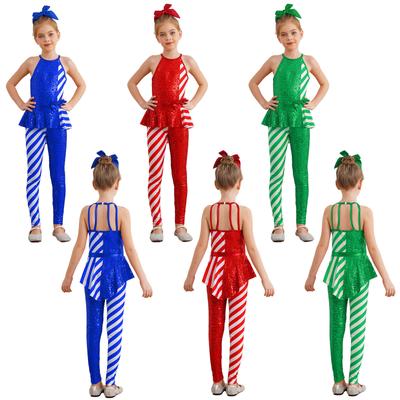 Macacão de Natal Infantil Sem Mangas Costas Abertas Cintura Alta Peplum Listras Lantejoulas Fantasia