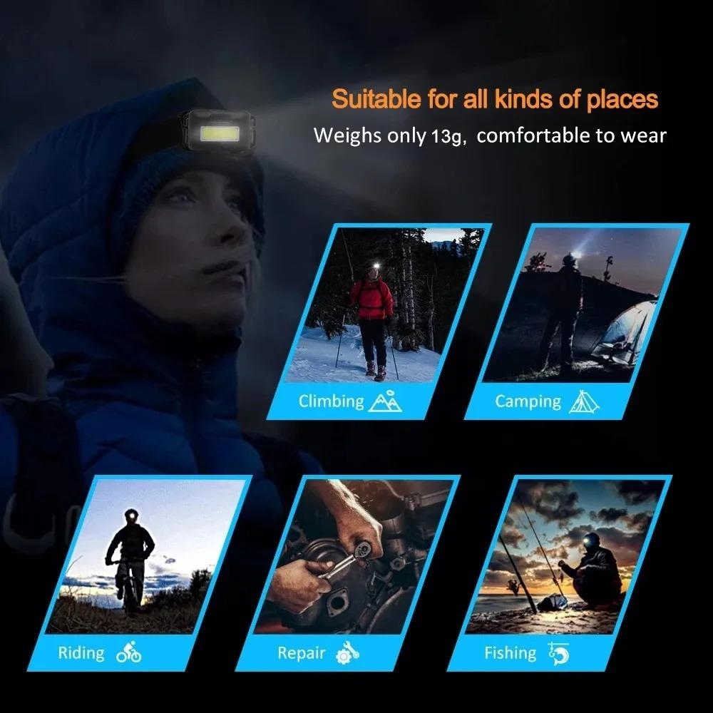 Outdoor COB Mini Headlight 3 Modes LED Night Riding Waterproof Battery Flashlight Headlight Torch Lantern Camping Night Fishing