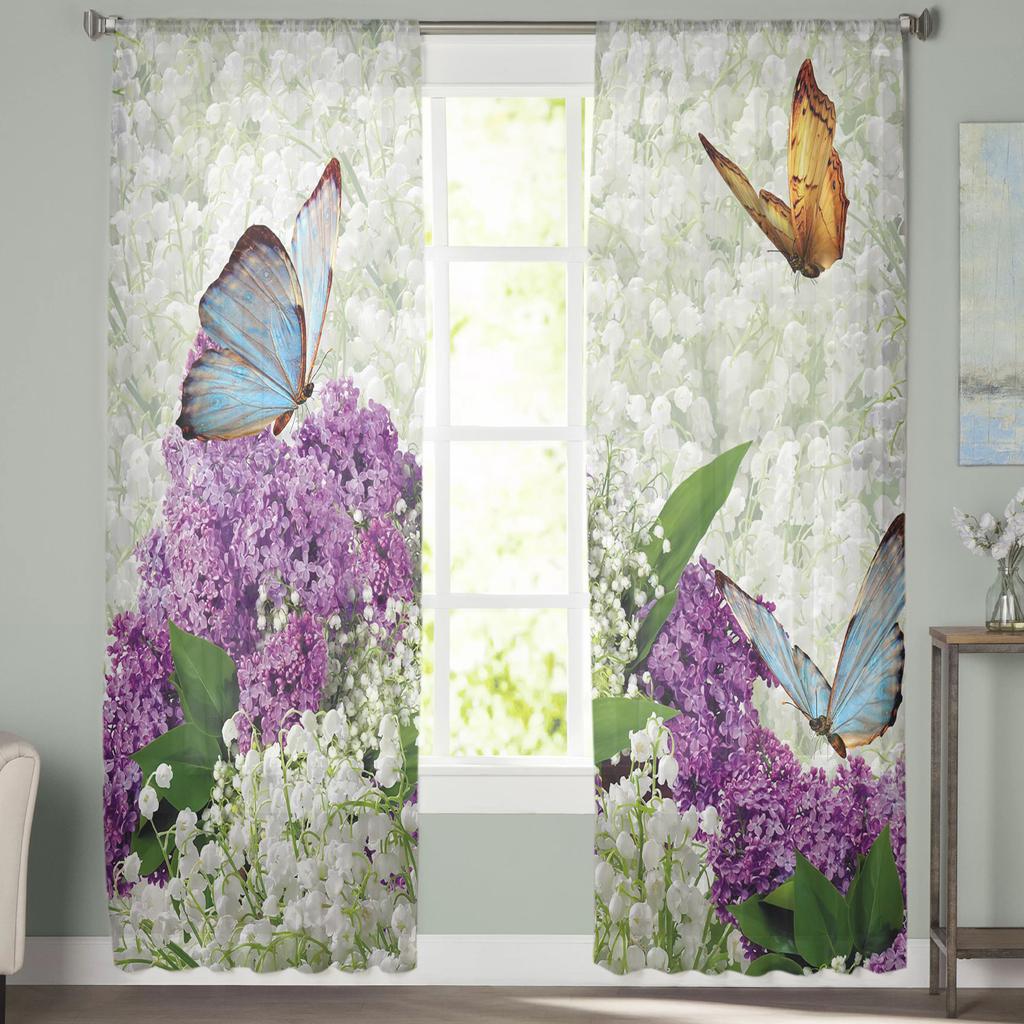 Flowers Bouquet Butterfly Sheer Curtains Window Tulle Curtains For Living Room Bedroom For Kitchen Veiling Curtains Decoration