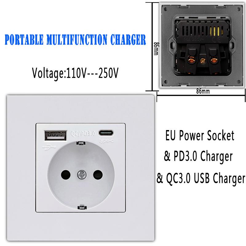 

EU Wall Power Socket with usb charging for home,Type-c QC3.0 Usb Electrical Charger,110V-250V Outlet PC Panel 86*86mm EU White