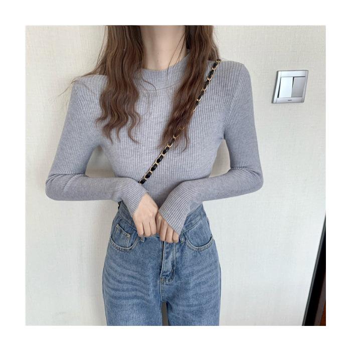 Women's 2026 Autumn Slim Fit Black Knit Long-Sleeve Half-High Neck Sweater