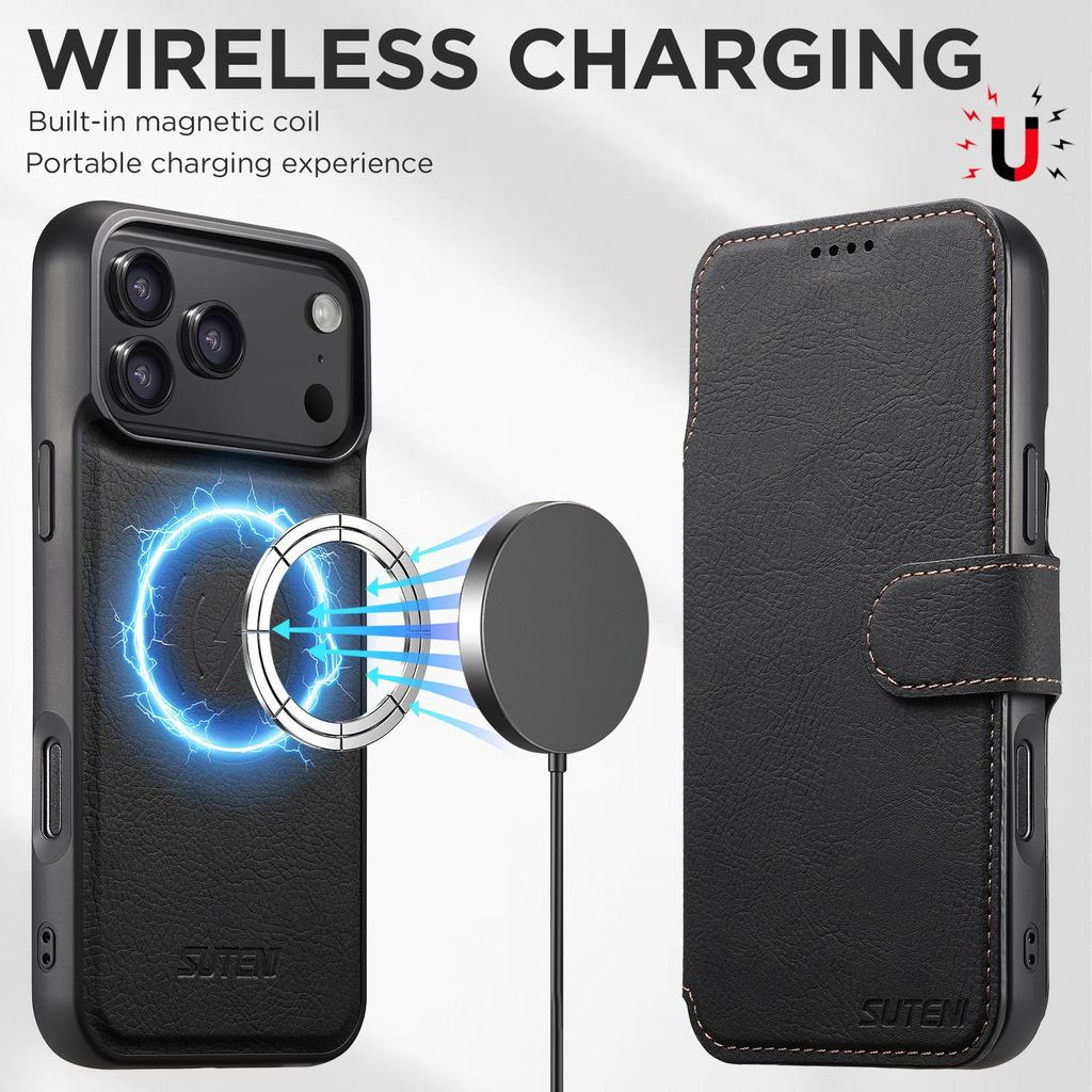 iPhone17ProMax Magnetic Leather Flip Case with Card Slot and Wireless Charging Stand