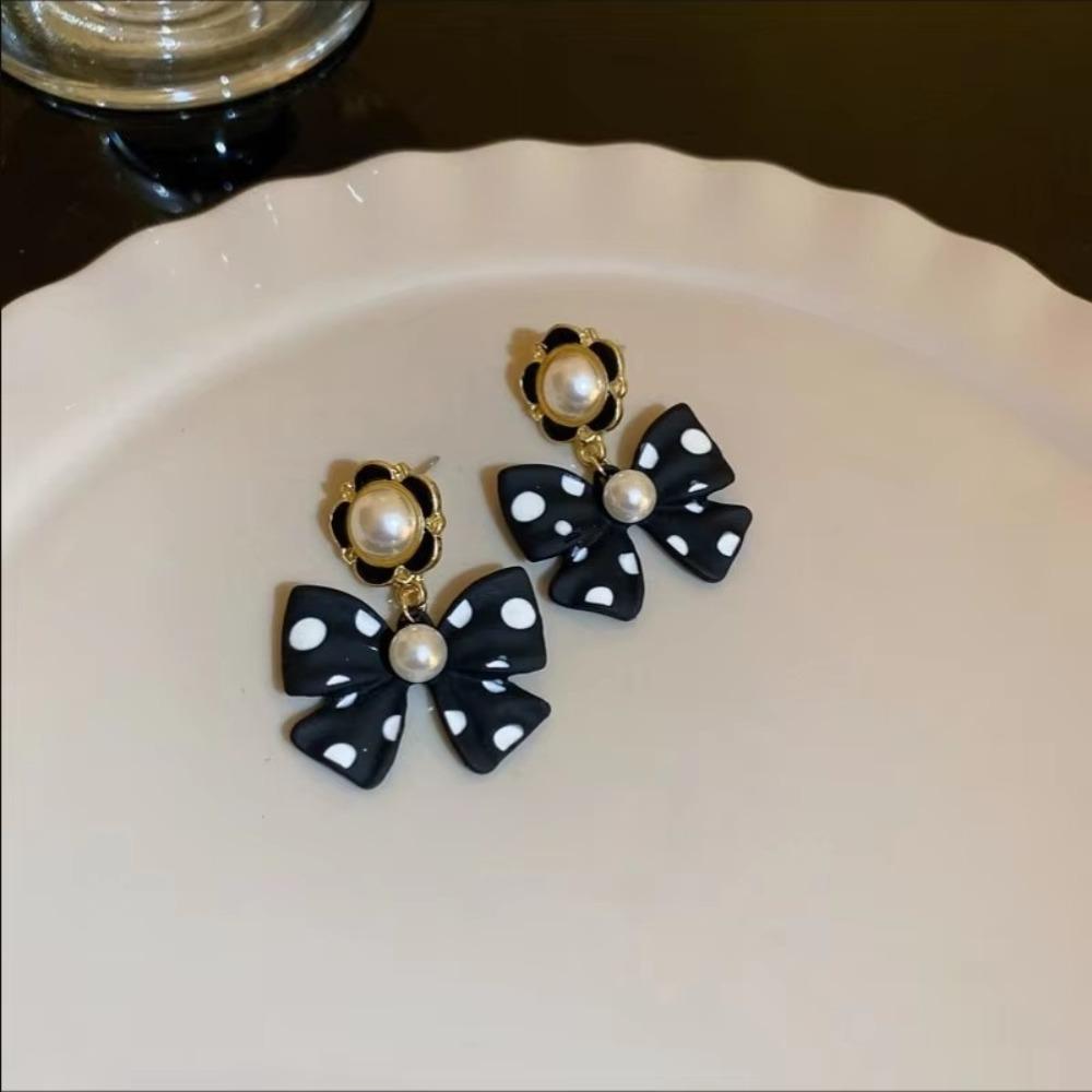 Cute Pearl Bowknot Colorful Polka Dots Bowknot Drop Pendant Earrings for Women Girls Party Dating Wedding Jewelry Accessories