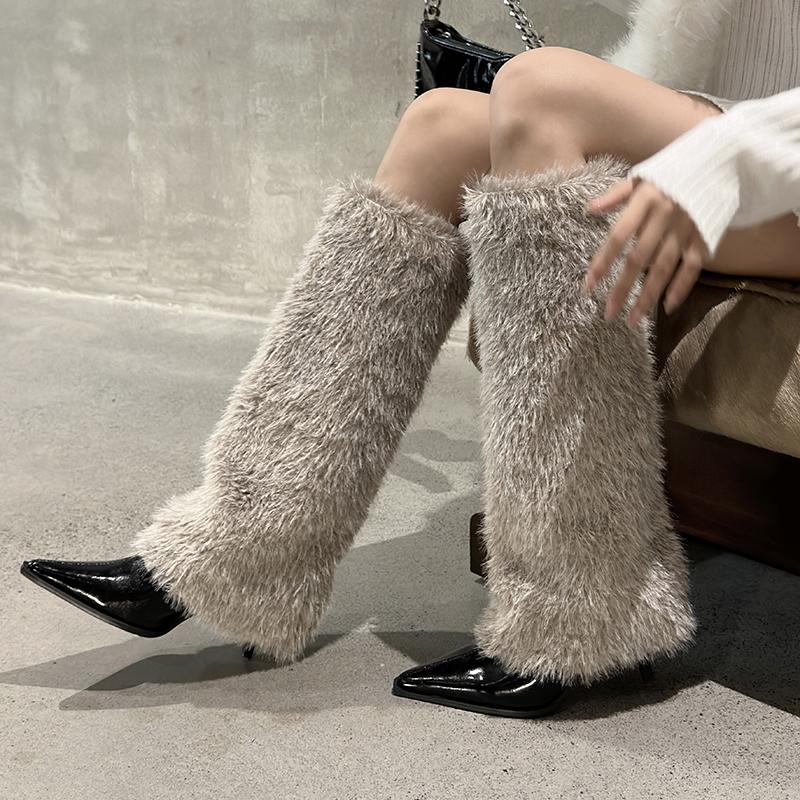 Fashion Design Style High Heels Women Knee-High Long Boots Pointed Toe Furry Ladies Long Booties Hottie botas de inverno feminina