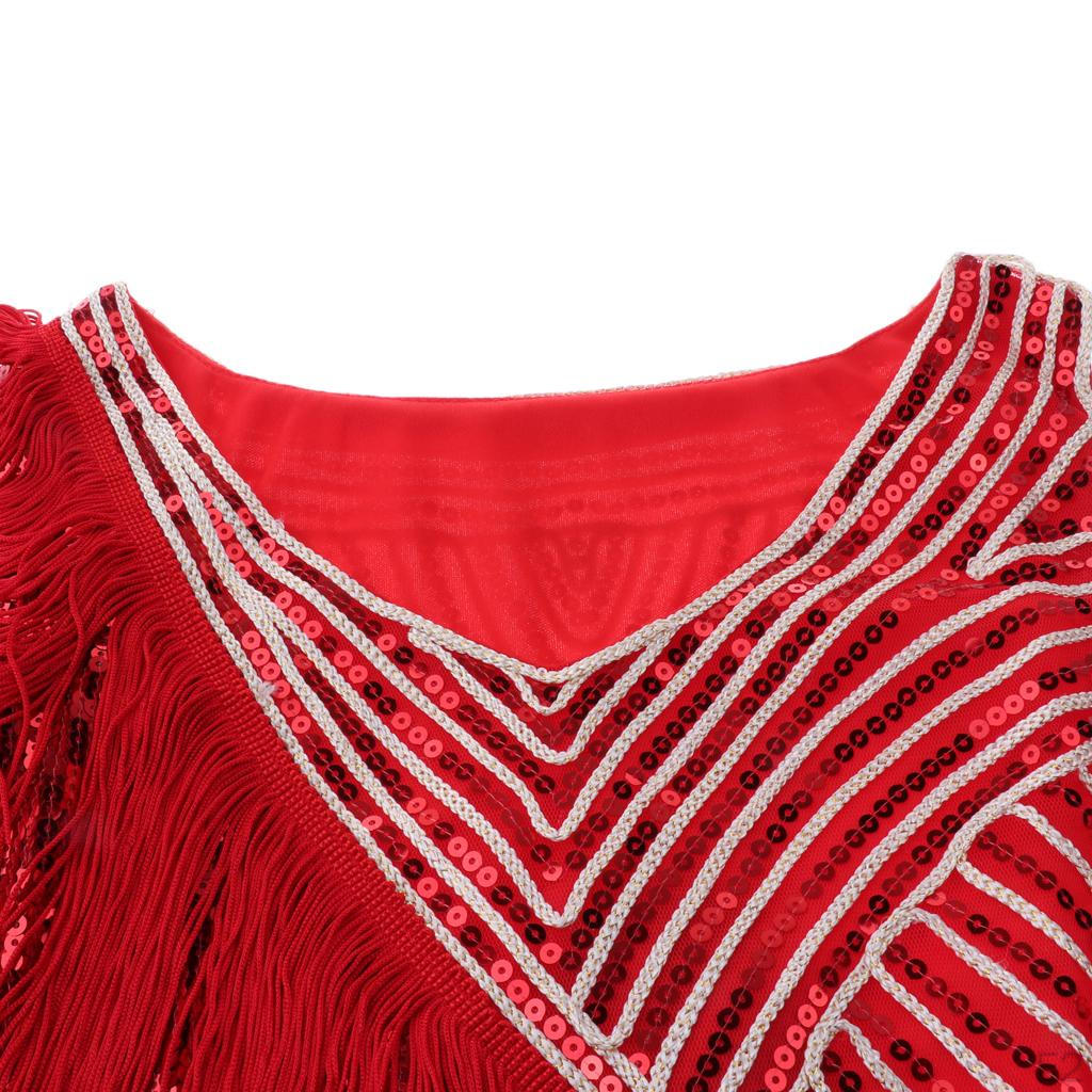 Latin Dance Dress Sleeveless With Tassels Asymmetric Sequins For Women - Red, M