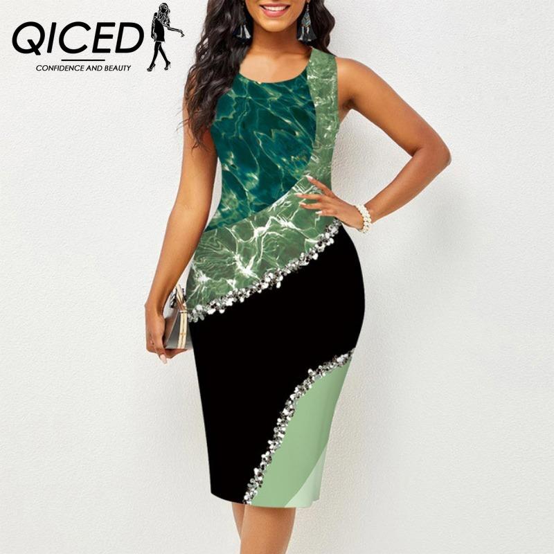 

QICED Party O-Neck Sleeveless Dress Fashion Printed Multicolour Dresses S