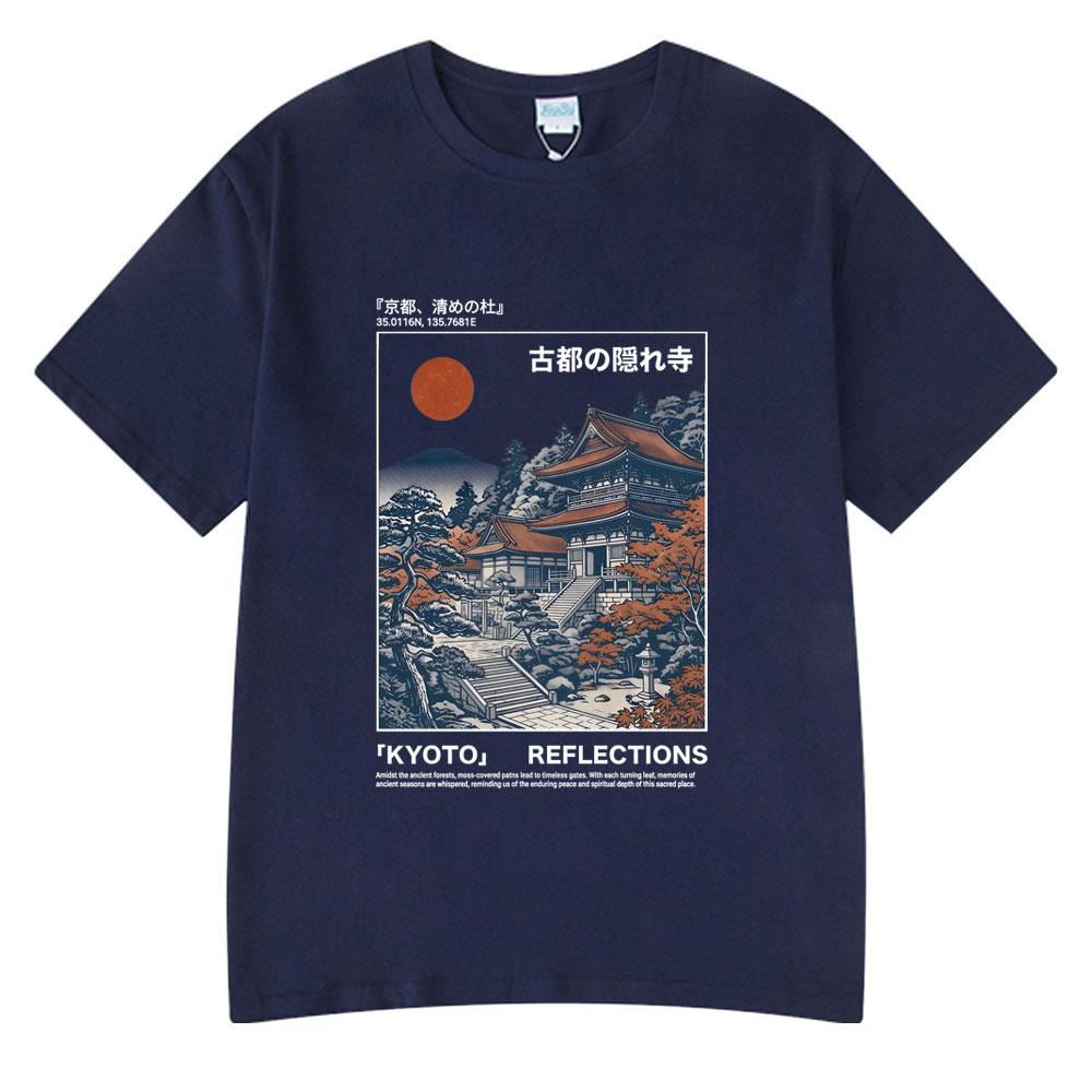 Kyoto Reflections Graphic Illustration T-shirt Retro Japanese Ukiyo-e Style Temple Tee Cotton Streetwear Casual Oversized TShirt