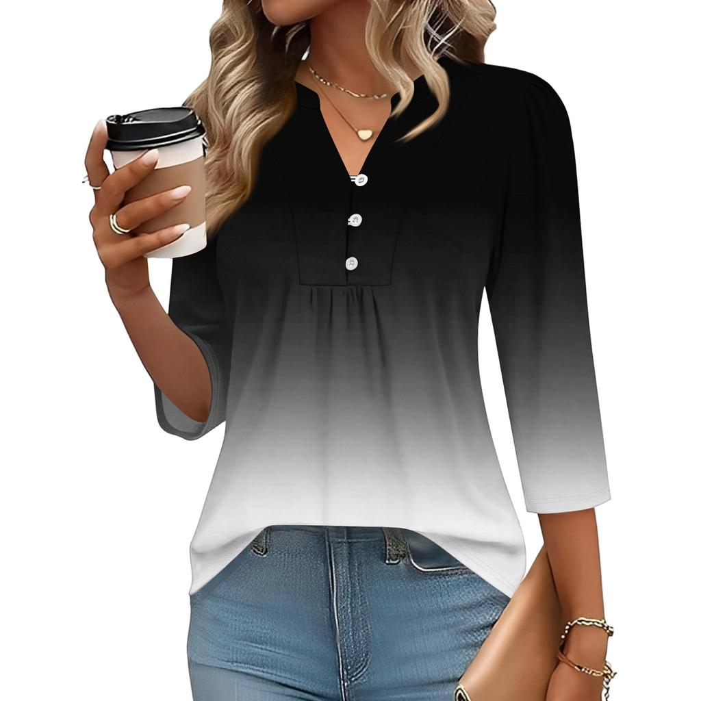 Dámské módní ležérní tričko s bloky barev, gradientním potiskem, výstřihem do V, knoflíky a tříčtvrtečními rukávy