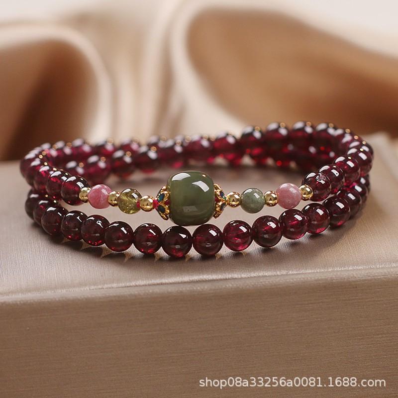 Natural Garnet Beaded Bracelet Women Ethnic Style Layered Hand Chain Gift Jewelry Wine Red
