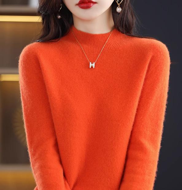 2024 Fall/Winter Women's 100% Wool Semi-High Neck Loose Knitted Sweater