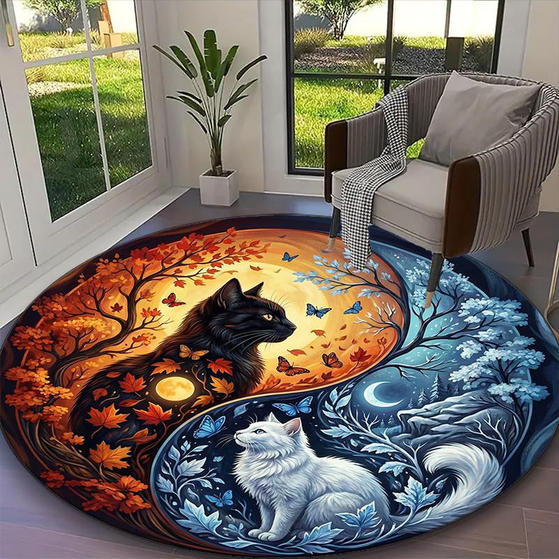 1pc Mystic Yin Yang Cat Printed Chair Rug for Home Office Use, Living Room Kitchen Game Room Round Carpet