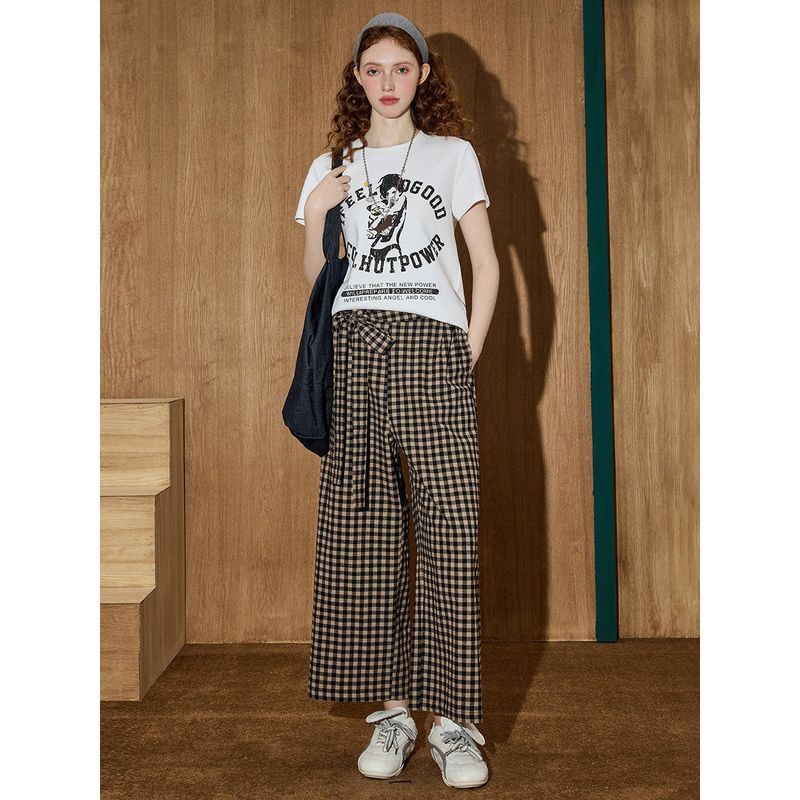 Coolhut High-Waisted Casual Plaid Wide-Leg Pants for Women, Retro Design, Simple and Elegant, 2025 Summer Casual Pants