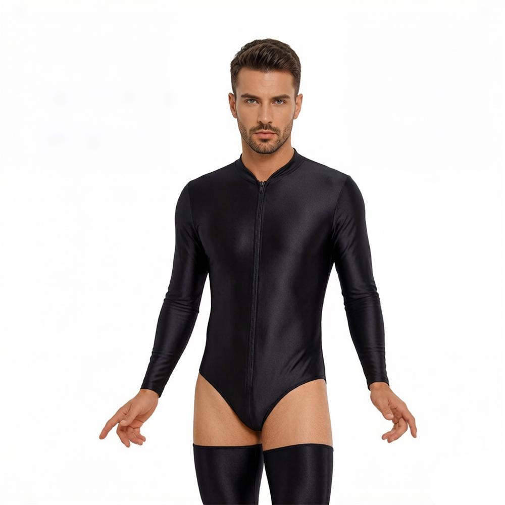 Women Stain Smooth Bodysuit One Pieces Thong Two Way Zipper Open Crotch Elastic Tights Oil Shiny Yoga Shaping Maid Leotard