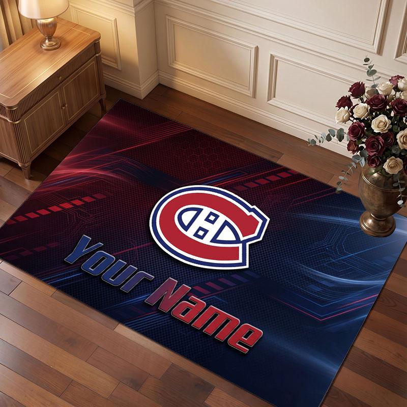 Montreal Canadiens Personalized Crystal Velvet Carpet, Customized Name Text Soft Anti‑Slip Rug for Living Room Bedroom
