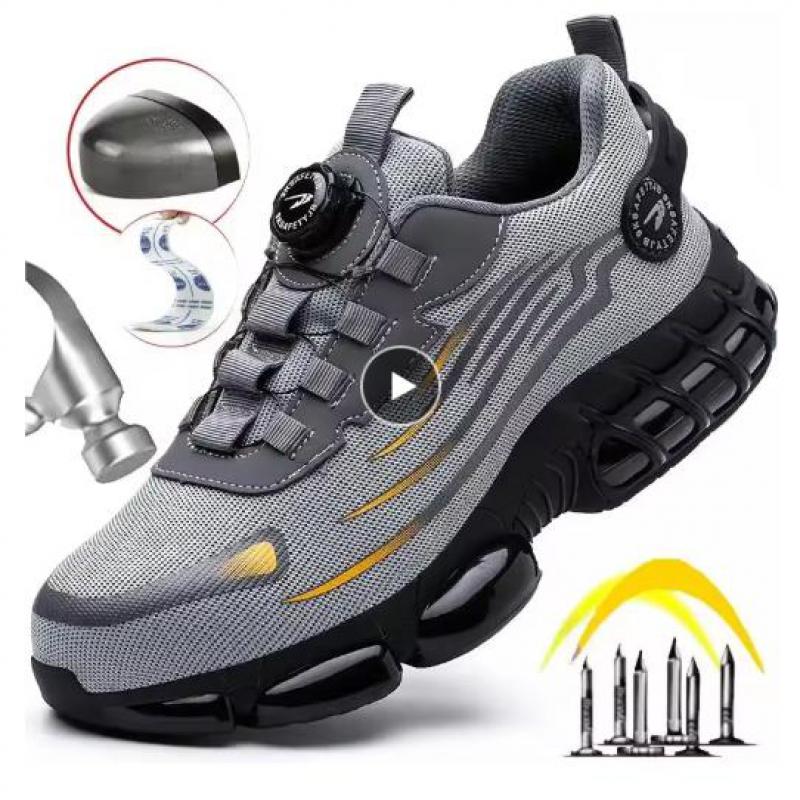Fashion Rotating Button Safety Shoes Men Steel Toe Sneakers Anti-smash Anti-puncture Work Shoes Lightweight Non-slip Protective Sneakers