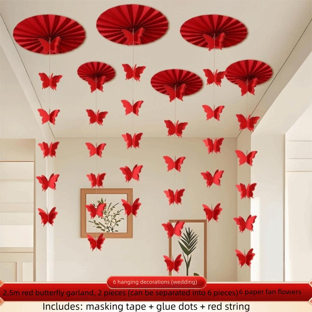 Chinese Style Butterfly Banner DIY Crafts Ceiling Hanging Ornament  Wedding Celebration красный