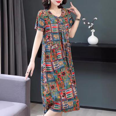 The New Style Has Good Temperament, Cotton and Silk Dress, Summer Women's Clothing, Floral Mother Fashion, Middle-aged and Elderly Artificial  Skirt.