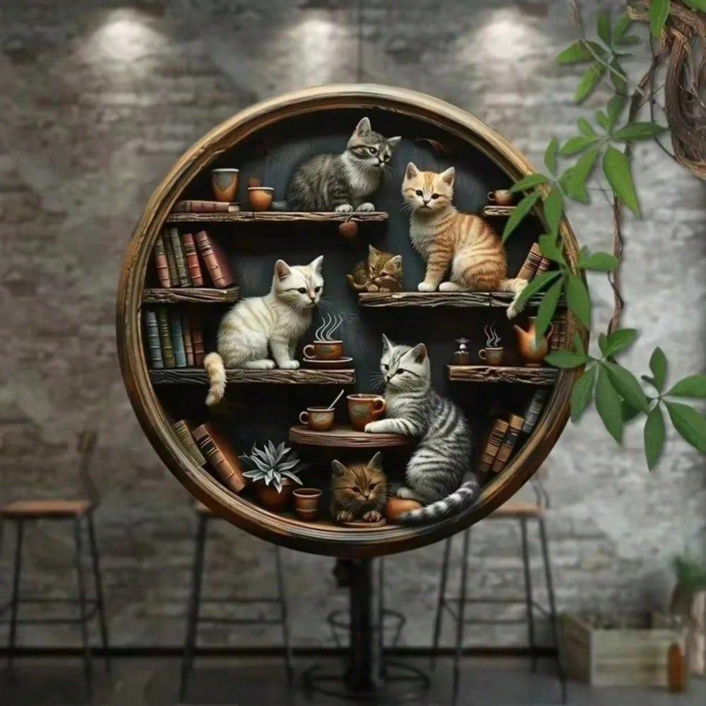 Vintage Metal Tin Sign Cat Library Retro Round Wall Art Home Decor