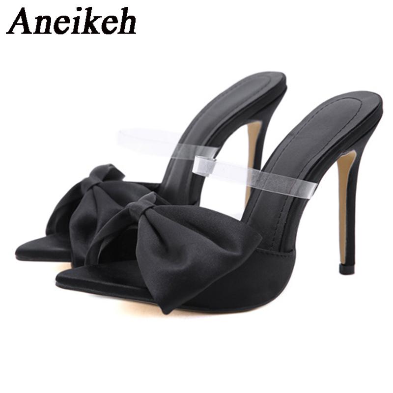 

Aneikeh Летние шелковые мюли с бантом, женские босоножки на высоком каблуке, туфли-лодочки, сексуальные с острым носком, с ремешком на пятке, женская обувь для вечеринок 35-42 37