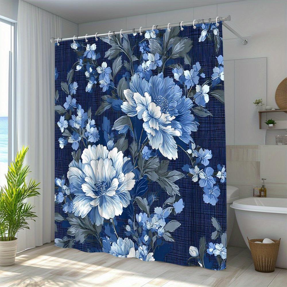 1pc Floral Shower Curtain Elegant Blue Flower Pattern Adds Natural Scenery Bathroom Decor Polyester Fabric Includes 12 Hooks