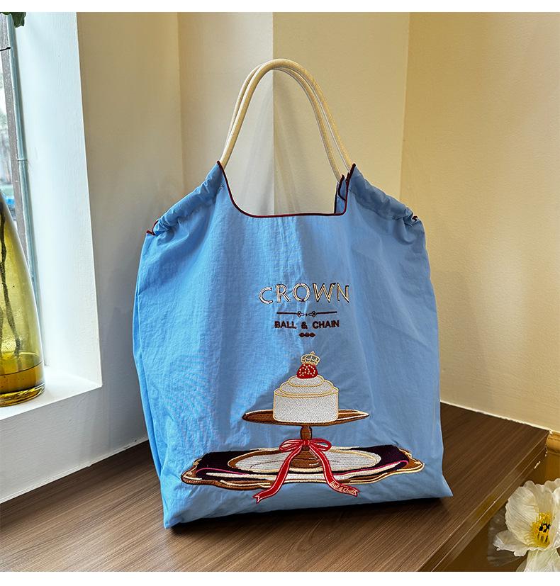 Crown Cake Japanese Girl Embroidered Canvas Crossbody Tote Bag - Large Capacity for Spring Outings