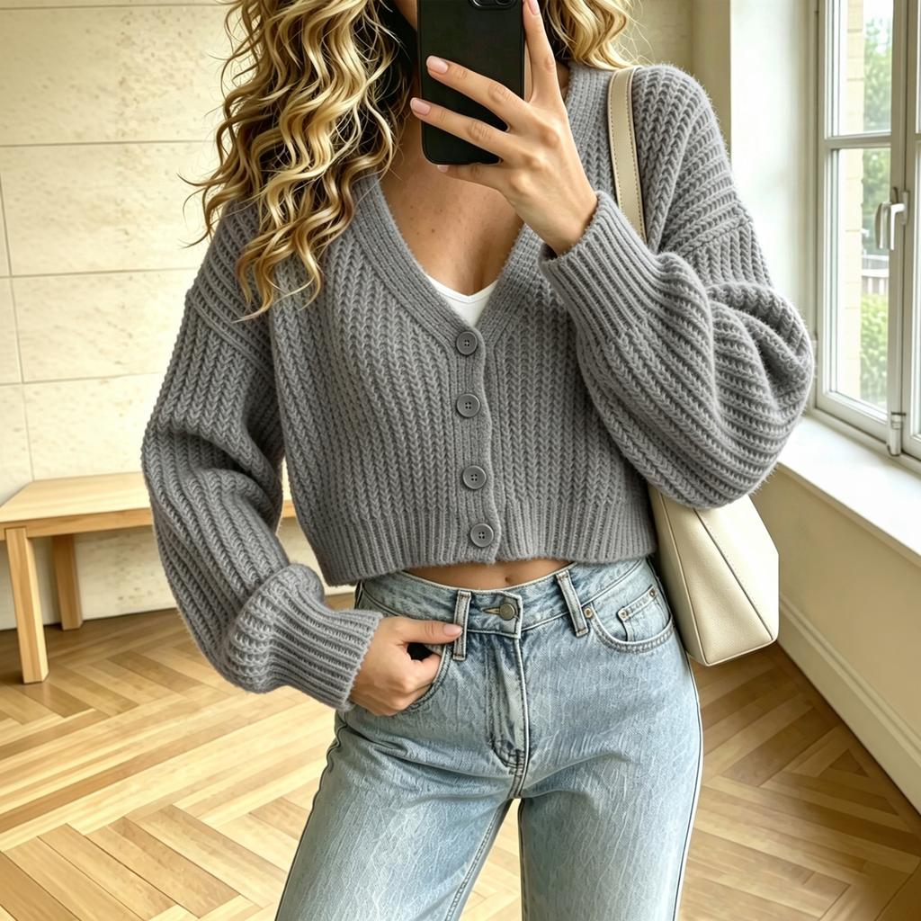 Women's Color Drop Shoulder Long Sleeve Soft Knit Sweater with Two Pockets