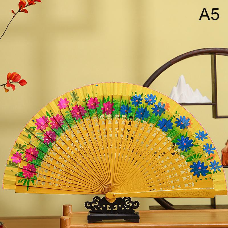 1Pc Chinese Style Double-Sided Folding Fan Hollow Double-sided Craft Gift Dancing Printing Wood Spanish Hand Fan Party Supplies