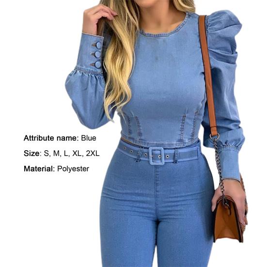Damen Bluse Puffärmel Einfarbig Frühling Herbst Sexy Langärmlig Imitat Denim