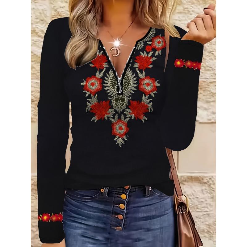 Shirt Ethnic Style Embroidered Zipper Top - V-neck Long-sleeved Design, Breathable and Machine Washable, Retro Literary Style M