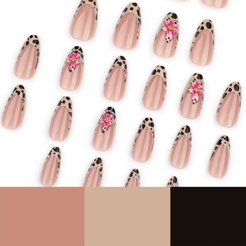 Press on Nail Short Almond Acrylic Autumn Winter Leopard Floral Designs Nail Stick on Nail For Fashion Women And Parties