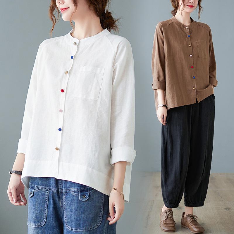 

Autumn Retro Cotton Linen Plus Size Women s Long Sleeve Loose Top XL