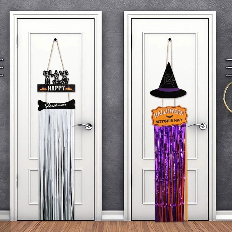 Wood Sign with Tassels Halloween Decoration Front Door Hanging Plaques Ornament with Bat Witch Pattern for Home Decors