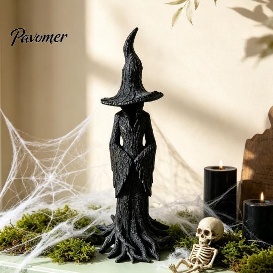 Spooky Resin Statue for Home Decor Halloween Witch Statue, Gothic Tree Figurine, Vintage Mysterious Bark Texture Art Dark Fantasy Ornament Tabletop,