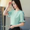 Short Sleeve Summer Tops Fashion Women Blouse Shirt Bow Sweet Top Women's Clothing Pink Apricot O-neck Chiffon Blouses