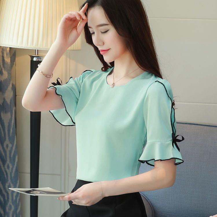 Short Sleeve Summer Tops Fashion Women Blouse Shirt Bow Sweet Top Women's Clothing Pink Apricot O-neck Chiffon Blouses