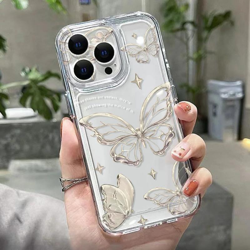 Gold Butterfly Phone Case For iPhone 17 16 15 11 13 12 14 Pro Max 16e Air 7 8 Plus XR Soft TPU Transparent Cover