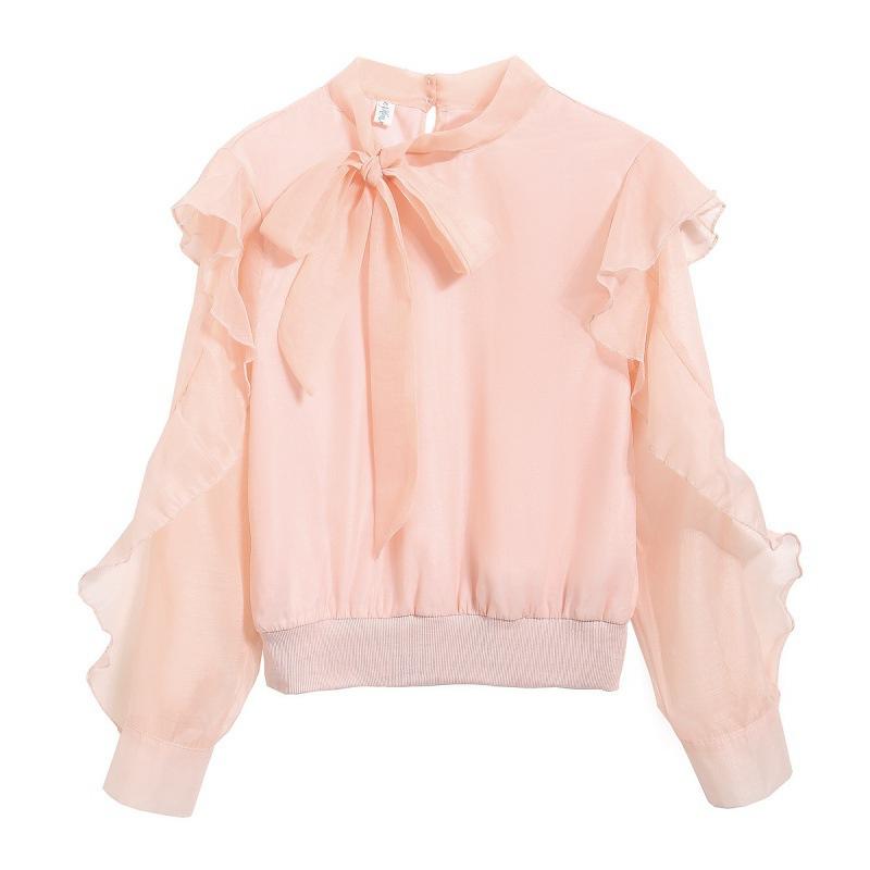 Women s Chiffon Blouse 2026 Spring and Autumn New Fashionable Tie-Neck Ruffle Trim Thin Gentle Style Shirt S розовый