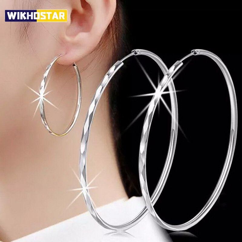 Fine 925 Sterling Silver Luxury 5CM Big Circle Hoop Earrings for Women Charms Original Designer Party Wedding Jewelry Gifts