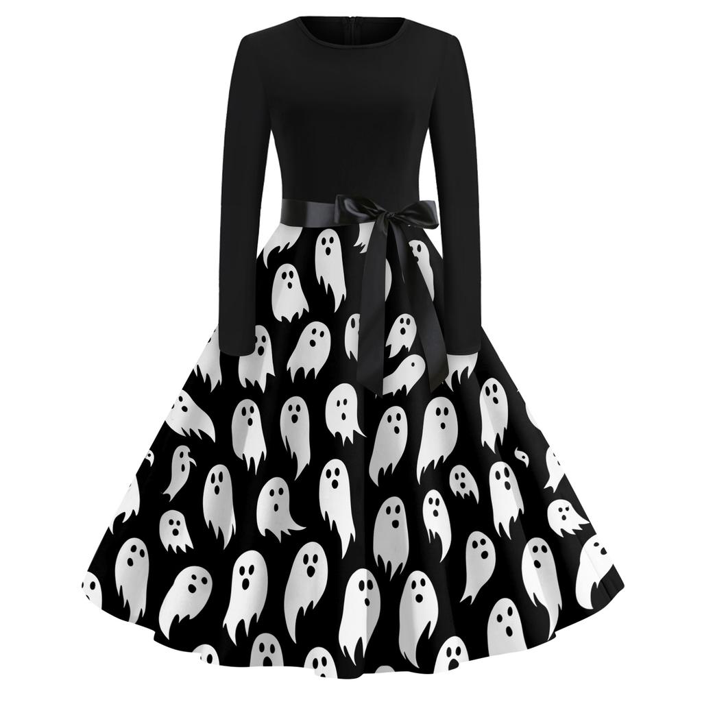 Women's Casual Retro Halloween Dress Long Sleeve Round Neck Vintage Fit and Flare Dress with Bat Print and Waist Tie Belt for Everyday Wear