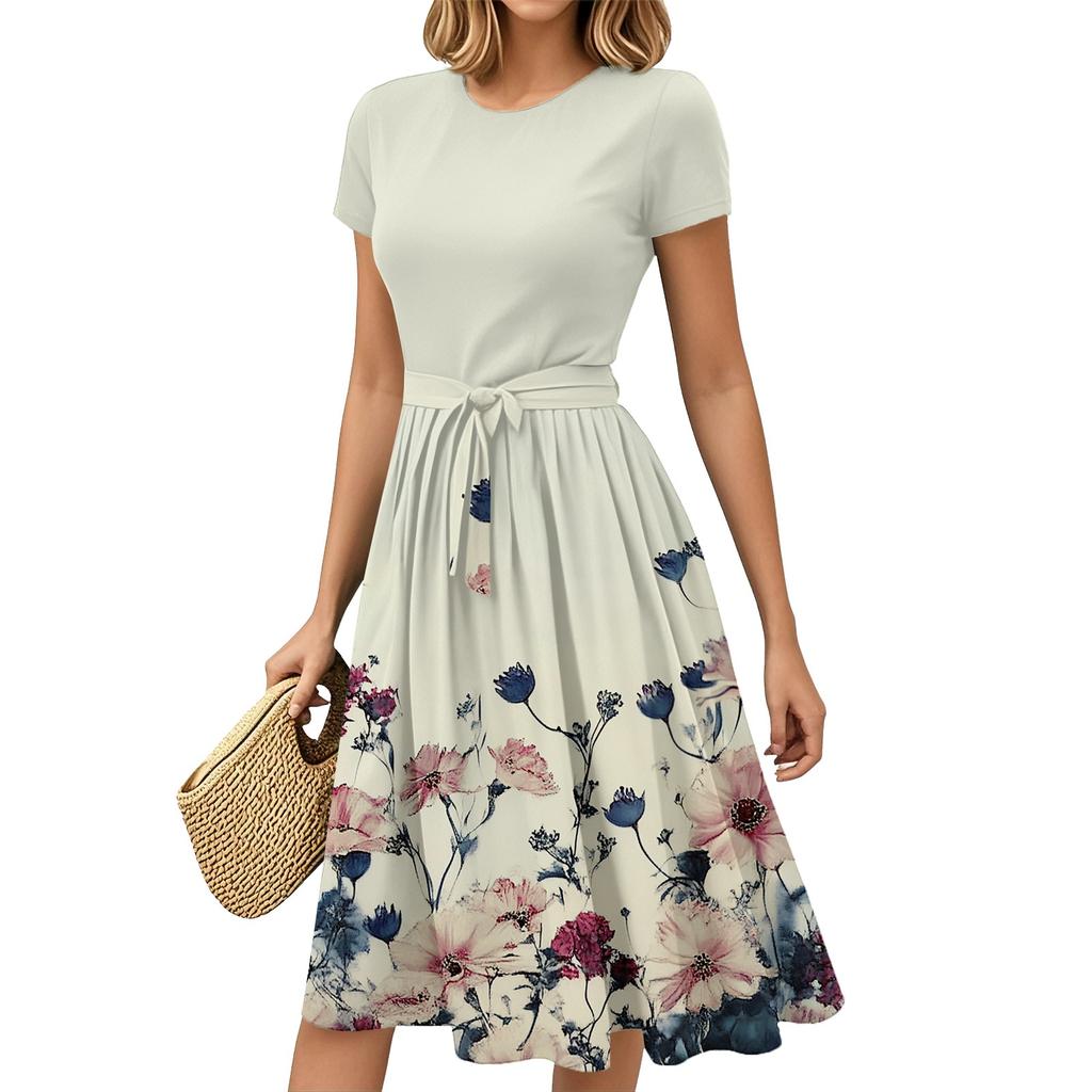 Mote Dame Casual Belte Kortermet Rund Hals Geometrisk Trykk Spleiset Elegant Temperament Kjoler